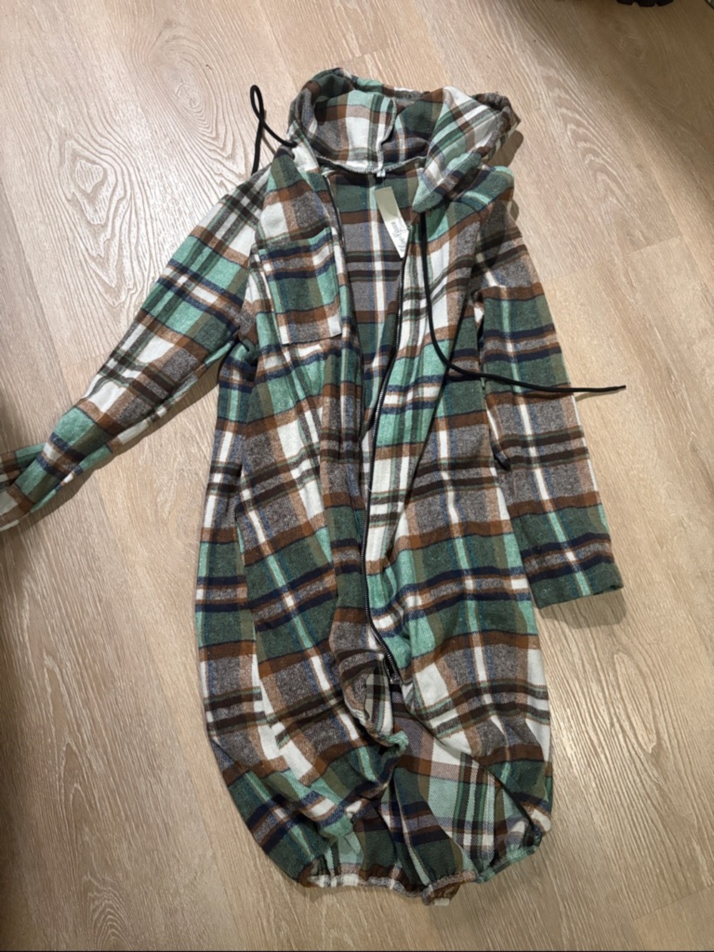 Hooded Plaid Long Coatigan - Green Brown Plaid
